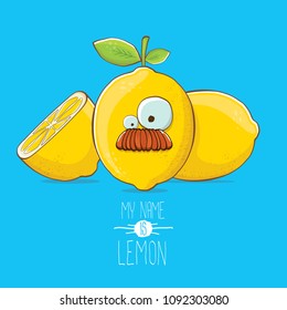 vector funny cartoon cute yellow lemon character with slice isolated on blue background. My name is lemon concept illustration. vector summer fruit character