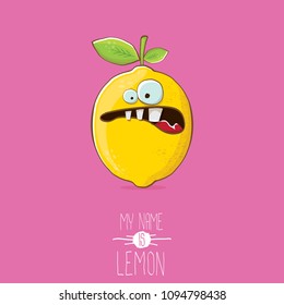 vector funny cartoon cute yellow lemon character isolated on pink background. My name is lemon concept illustration. vector summer fruit character