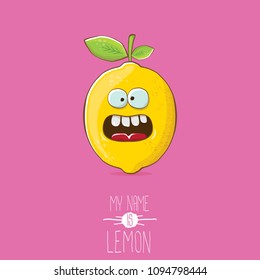 vector funny cartoon cute yellow lemon character isolated on pink background. My name is lemon concept illustration. vector summer fruit character