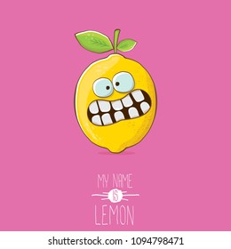 vector funny cartoon cute yellow lemon character isolated on pink background. My name is lemon concept illustration. vector summer fruit character