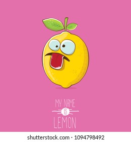 vector funny cartoon cute yellow lemon character isolated on pink background. My name is lemon concept illustration. vector summer fruit character