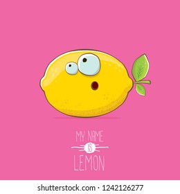 vector funny cartoon cute yellow lemon character isolated on pink background. My name is lemon concept illustration. vector summer fruit character