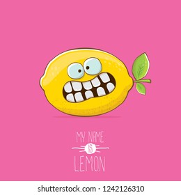 vector funny cartoon cute yellow lemon character isolated on pink background. My name is lemon concept illustration. vector summer fruit character