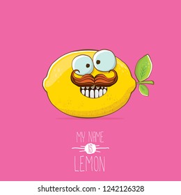 vector funny cartoon cute yellow lemon character isolated on pink background. My name is lemon concept illustration. vector summer fruit character