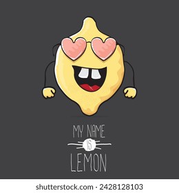 vector funny cartoon cute yellow lemon character isolated on grey background. My name is lemon concept illustration