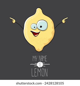 vector divertido dibujo animado lindo personaje de limón amarillo aislado sobre fondo gris. Mi nombre es limón concepto ilustración