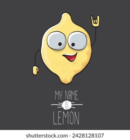 vector divertido dibujo animado lindo personaje de limón amarillo aislado sobre fondo gris. Mi nombre es limón concepto ilustración