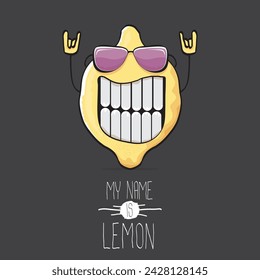 vector funny cartoon cute yellow lemon character isolated on grey background. My name is lemon concept illustration