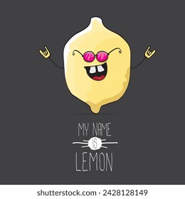 Vektor lustige Cartoon niedliche gelbe Zitrone Charakter isoliert auf grauem Hintergrund. Mein Name ist Lemon Concept Illustration