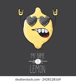 vector funny cartoon cute yellow lemon character isolated on grey background. My name is lemon concept illustration