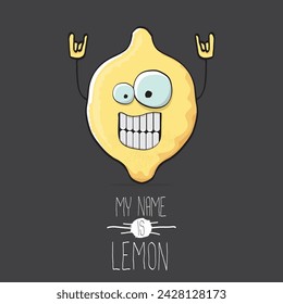 vector funny cartoon cute yellow lemon character isolated on grey background. My name is lemon concept illustration