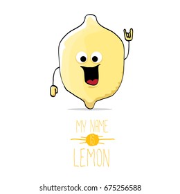 vector funny cartoon cute yellow lemon character isolated on white background. My name is lemon