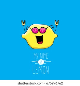 vector funny cartoon cute yellow lemon character isolated on blue background. My name is lemon