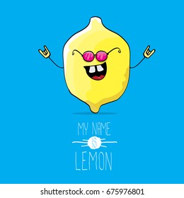 vector funny cartoon cute yellow lemon character isolated on blue background. My name is lemon