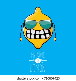 vector funny cartoon cute yellow hipster lemon character isolated on blue background. My name is lemon concept illustration