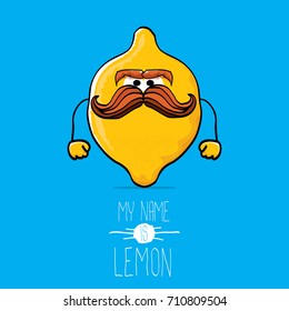 vector funny cartoon cute yellow hipster lemon character isolated on blue background. My name is lemon concept illustration