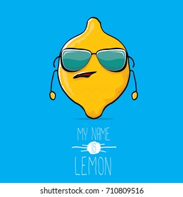 vector funny cartoon cute yellow hipster lemon character isolated on blue background. My name is lemon concept illustration