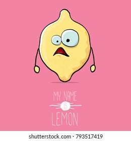 vector funny cartoon cute yellow lemon character isolated on pink background. My name is lemon concept illustration. funky food character