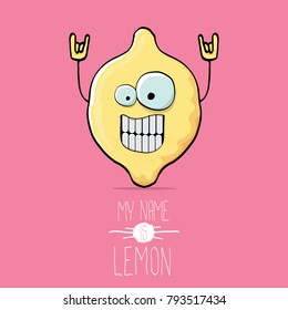 vector funny cartoon cute yellow lemon character isolated on pink background. My name is lemon concept illustration. funky food character