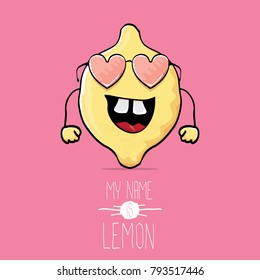 vector funny cartoon cute yellow lemon character isolated on pink background. My name is lemon concept illustration. funky food character
