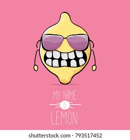 vector funny cartoon cute yellow lemon character isolated on pink background. My name is lemon concept illustration. funky food character