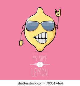 vector funny cartoon cute yellow lemon character isolated on pink background. My name is lemon concept illustration. funky food character