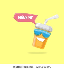 vector funny cartoon cuteorange party paper cola cup with straw and sunglasses isolated on yellow background. funky smiling summer drink character