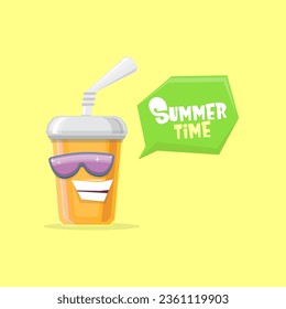 vector funny cartoon cuteorange party paper cola cup with straw and sunglasses isolated on yellow background. funky smiling summer drink character