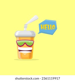 vector funny cartoon cuteorange party paper cola cup with straw and sunglasses isolated on yellow background. funky smiling summer drink character