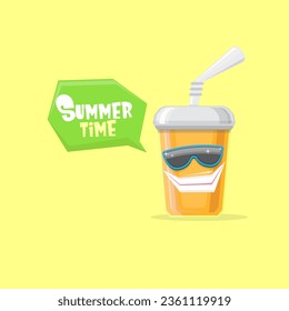 vector funny cartoon cuteorange party paper cola cup with straw and sunglasses isolated on yellow background. funky smiling summer drink character