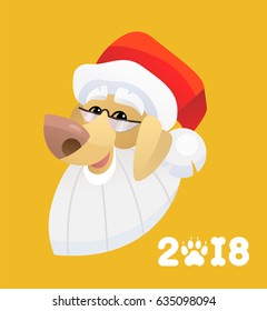 Vector funny cartoon dog portrait in Santa Claus hat and glasses labrador breed in yellow background letter 2018 calendar page template or greeting card