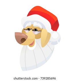 Vector funny cartoon dog portrait in Santa Claus hat and glasses labrador breed isolated on white background