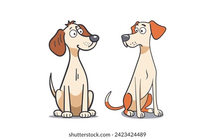 Perros de dibujos animados divertidos. Dos adorables y simpáticos cachorros sonrientes y sorprendidos están sentados. Amen las mascotas. Fondo blanco aislado.