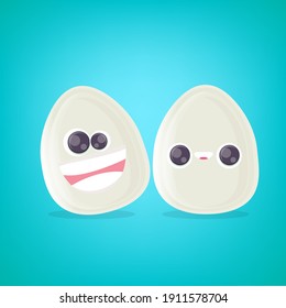 vector funny cartoon egg character isolated on turquoise background. funky smiling cool white egg sticker 