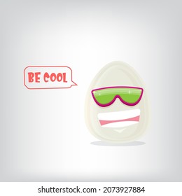vector funny cartoon egg character with sunglasses isolated on grey background. funky smiling cool white egg sticker