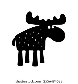 Vector funny cartoon elk in black and white silhouette. Minimalist animal illustration is ideal for playful, wild, or quirky projects