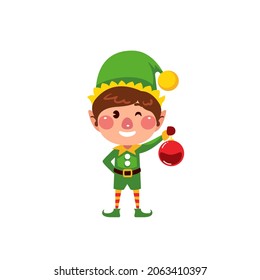 Vector funny cartoon elves with christmas ball. Little people. Santa's helpers.