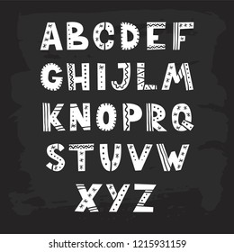 Vector funny cartoon English alphabet for children design. Hand drawn style. Isolated vector illustration.