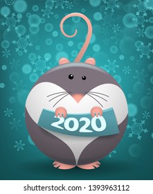 Vector funny cartoon fat rat like ball with 2020 banner symbol of new year calendar front page template