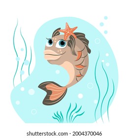 El pez de dibujos animados divertidos en el mundo submarino.