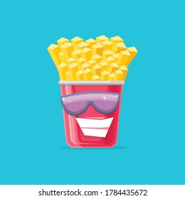 vector funny cartoon french fries potato box character with sunglasses isolated on blue background. funky smiling fast food character 