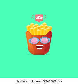 vector funny cartoon french fries potato box character with sunglasses isolated on green background. funky smiling food character