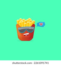 vector funny cartoon french fries potato box character with sunglasses isolated on green background. funky smiling food character