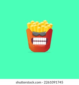 vector funny cartoon french fries potato box character with sunglasses isolated on green background. funky smiling food character