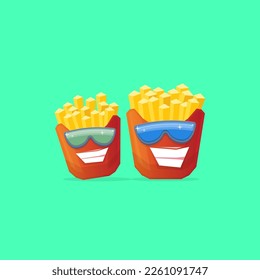 vector funny cartoon french fries potato box character with sunglasses isolated on green background. funky smiling food character