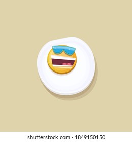 vector funny cartoon fried egg character with sunglasses isolated on grey background. funky smiling morning food fried egg. Good morning concept