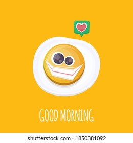 vector funny cartoon fried egg character isolated on orange background. funky smiling morning food fried egg. Good morning concept