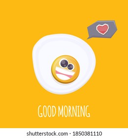 vector funny cartoon fried egg character isolated on orange background. funky smiling morning food fried egg. Good morning concept