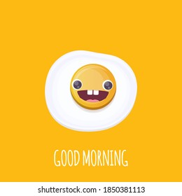 vector funny cartoon fried egg character isolated on orange background. funky smiling morning food fried egg. Good morning concept