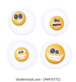 juego de personajes de huevo frito de dibujos animados divertidos vectoriales aislados en fondo blanco. divertida sonriente comida matutina de la colección de huevos fritos.